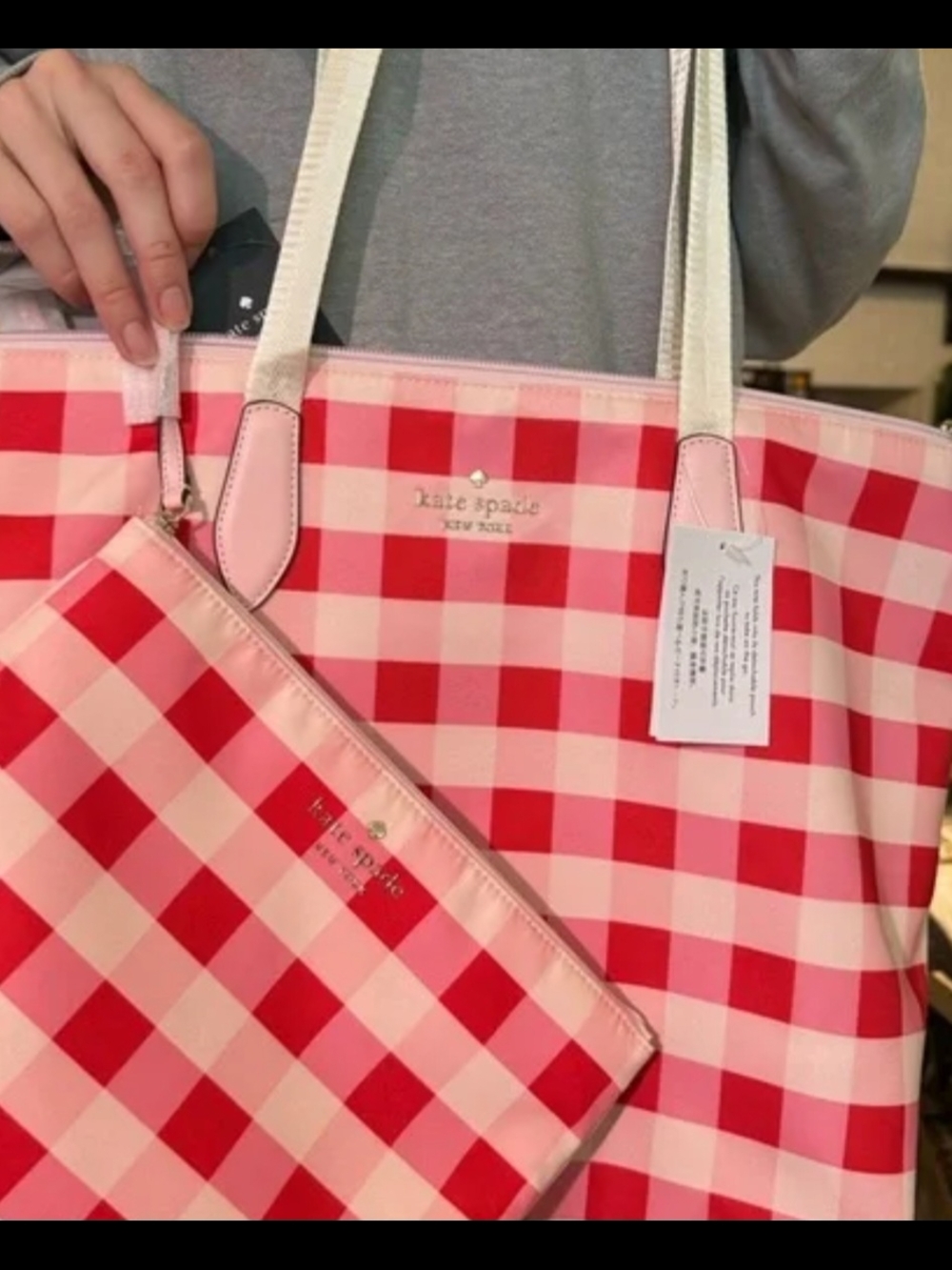 kate spade Red & Pink Gingham Tote with Matching Pouch